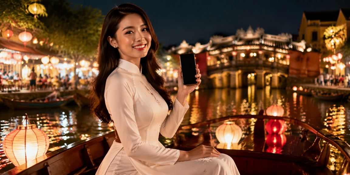 Người dùng đăng ký tài khoản và nhận ưu đãi tại Hội An trong trang phục áo dài truyền thống